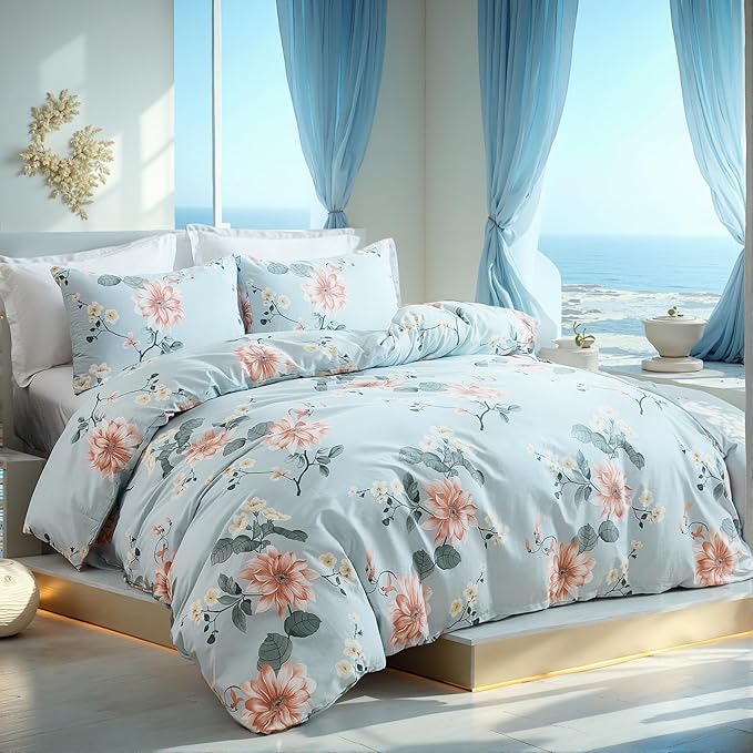 Blue Floral Duvet Cover Queen Size 100% Soft Cotton 3 Pieces French Country Chic Garden Style Luxury Blossom Floral Vibrant Pattern Reversible Flower Duvet Cover with Zipper Closure