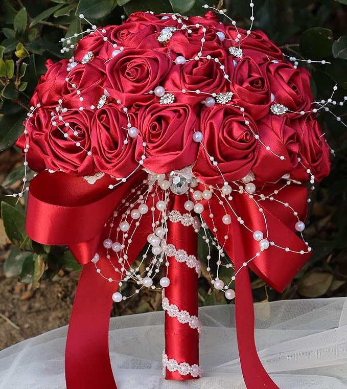 Bridal Wedding Bouquet Round Bling Brooch Bouquet Throw Toss Artificial Rose Flower Bunch for Bride Bridesmaid Wedding Quinceanera(Ruby Red, 6.3")
