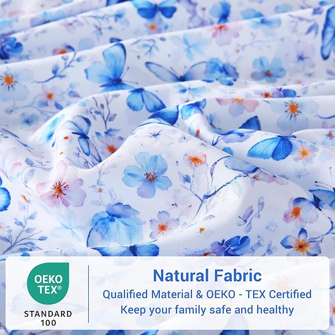 Softan Full Floral Sheets, Microfiber Blue Flower Printed Fitted Sheets with Non-Slip Corner Straps and 15" Deep Pocket, Butterfly Patterned Cozy Bed Sheets Double Sheets & Pillowcase Sets