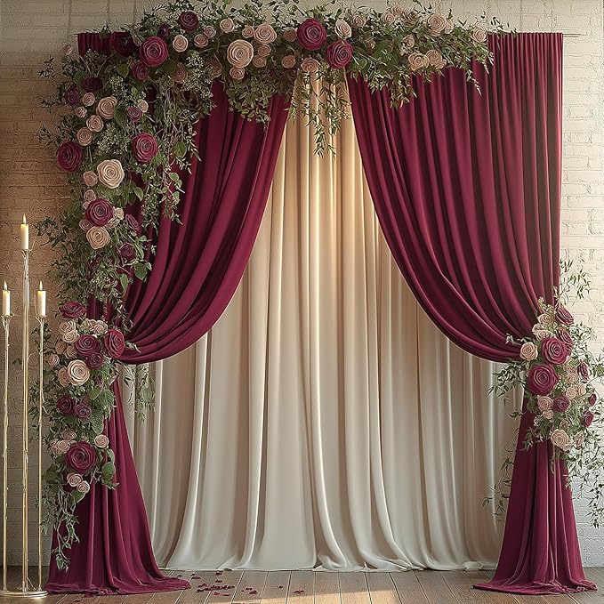 20x10ft Wrinkle Free ‌Burgundy Backdrop Curtain for Parties Soft Fabric Drapes Wedding ‌Curtain Backdrop for Birthday Party Decorations Background for Photography 5x10ft, 4 Panels