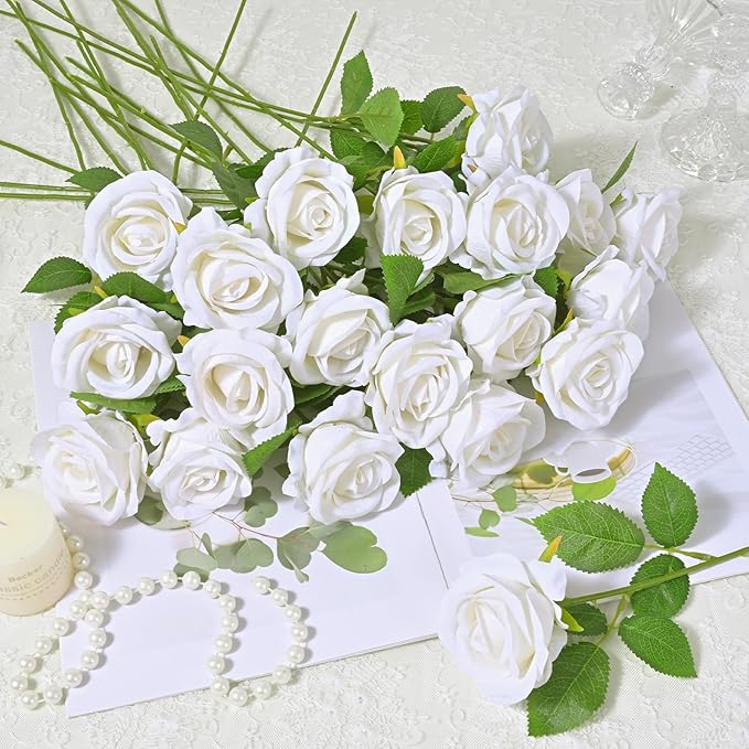 Waipfaru 50 Pcs White Roses Artificial Flowers Bulk, Real Touch Velvet Roses with Wrapping Paper, Fake Flowers for Wedding Centerpieces Bridal Bouquet Valentines Mothers Day Decor