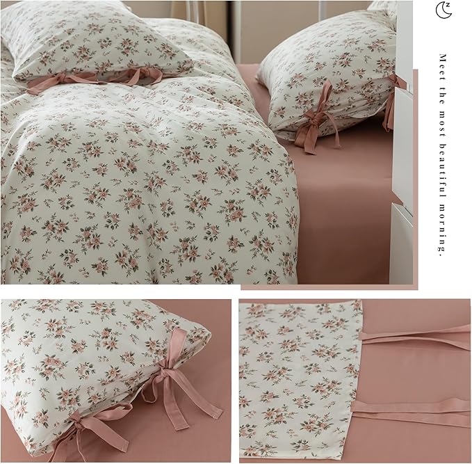VM VOUGEMARKET Blush Pink Floral Duvet Cover Queen 3 Pieces Cotton Girls Cottagecore Bedding Set,Peach Flower Comforter Cover with Zipper Closure,Vintage Country Bedding 90x90