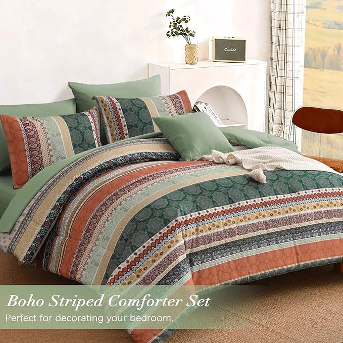 Cottolester Boho Comforter Set Queen Size,8 Pieces Sage Green and Orange Bohemian Striped Bed in a Bag,Paisley Soft Microfiber Bedding Comforter Set