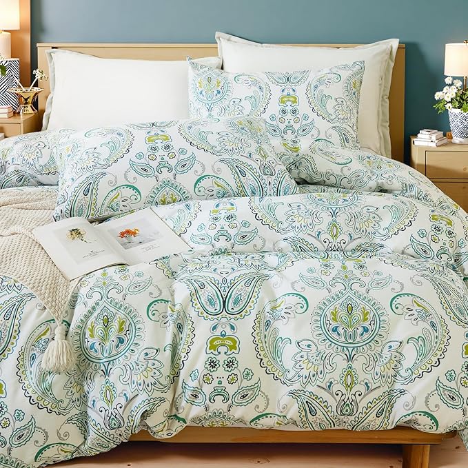 100% Cotton Floral Duvet Cover King - Green Paisley Comforter Cover 3-PC, Soft & Breathable Bedding Duvet Cover Sets with Zipper Closure & Corner Ties, Retro Duvet Cover Sets