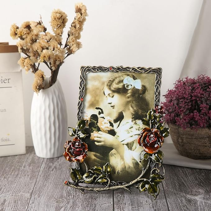 4x6 Picture Frame Vintage Decor Ornate Red Rose Flower Antique Photo Frame with Glass Front Metal Brass Art Table Top Decor for Valentines Wedding Anniversary Birthday Mothers Day Gifts