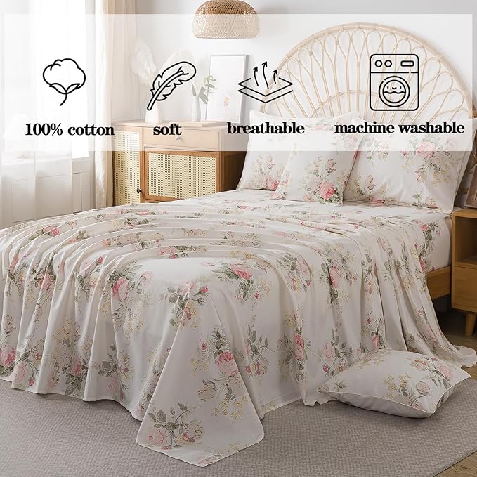 FADFAY 100% Cotton Cal King Bed Sheet Set, 4 Piece Pink Rose Floral Printed Bedding, Soft Breathable Cooling Sheets with Deep Pocket Fitted Sheet, Flat Sheet & Pillowcases, French Country All Season