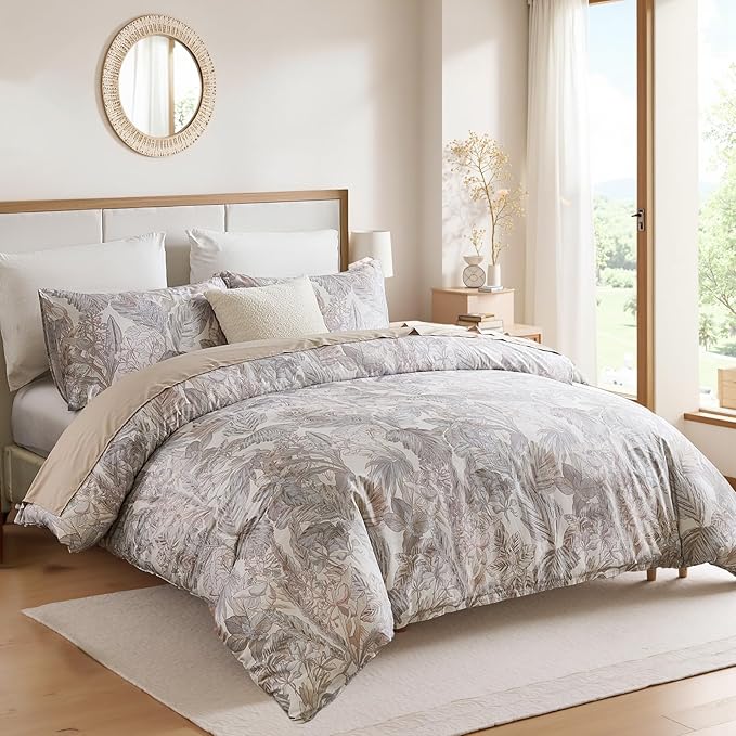 100% Cotton Duvet Cover Queen Size – Elegant Vintage Botanical Bedding Set with Zipper Closure, 3 Pieces Soft Breathable Neutral Floral Print Comforter Cover with 2 Pillowcases