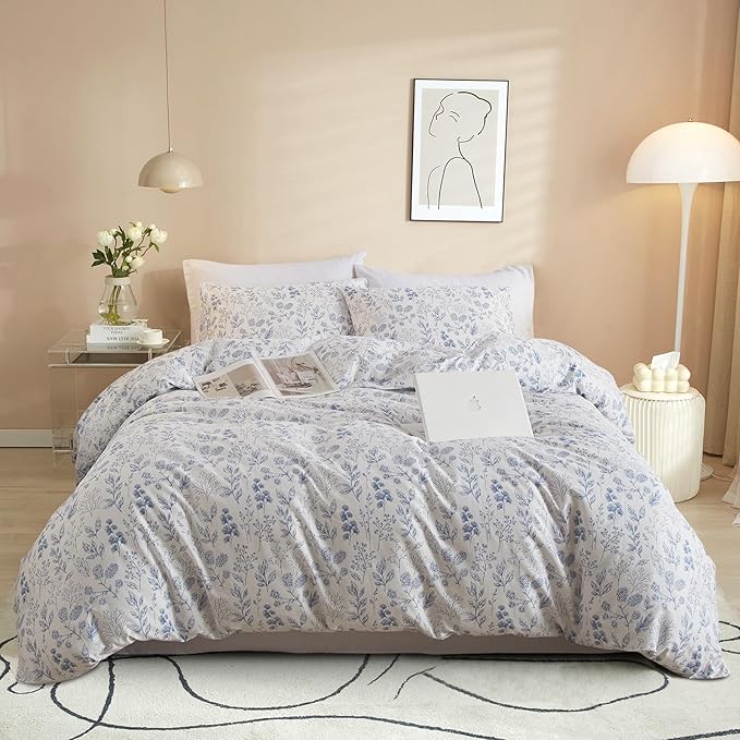 VM VOUGEMARKET 3 Pieces Blue White Duvet Cover Queen Floral Botanical Comforter Cover with Zipper Soft Cotton Cottagecore Bedding Set for Girls Women-90x90 Inch