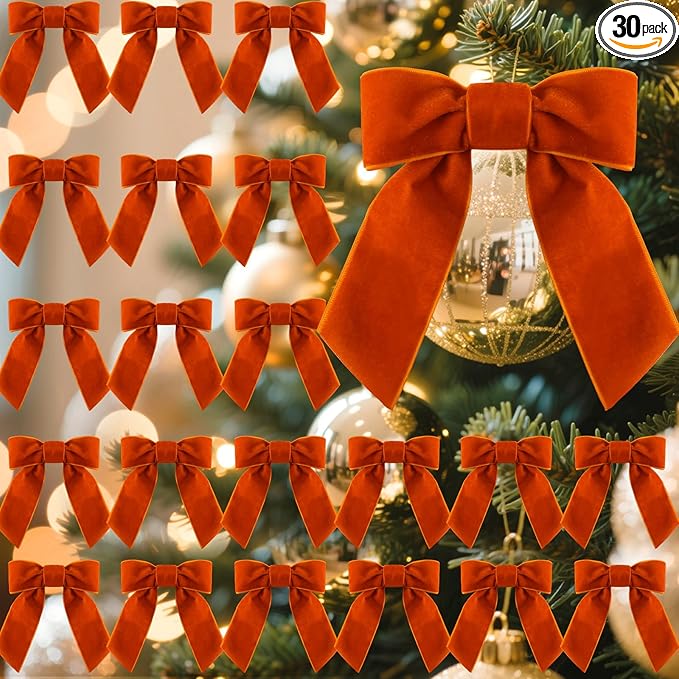 30 Pcs Velvet Ribbon Bows 5" x 4" Pre Tied Christmas Velvet Bows with Twist Tie for Gift Packaging Christmas Tree Wreaths Door Windows Wedding Party Decoration(Copper)