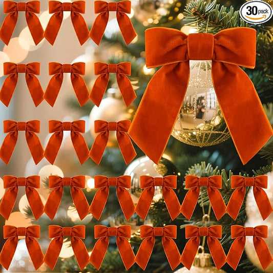 30 Pcs Velvet Ribbon Bows 5" x 4" Pre Tied Christmas Velvet Bows with Twist Tie for Gift Packaging Christmas Tree Wreaths Door Windows Wedding Party Decoration(Copper)