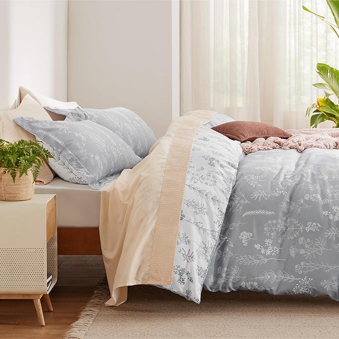 Bedsure Duvet Cover Full Size - Reversible Grey Full Duvet Cover Set with Zipper Closure, 3 Pieces Cute Floral Botanical Pattern Bedding Set with 8 Corner Ties and 2 Pillow Shams