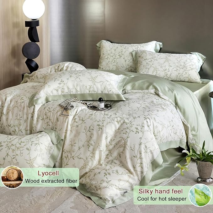 VM VOUGEMARKET Lyocell Duvet Cover Set Queen with Green Floral Pattern,Silk-Like Smooth & Cool Comforter Cover Set with Corner Ties-Queen,Mint Green