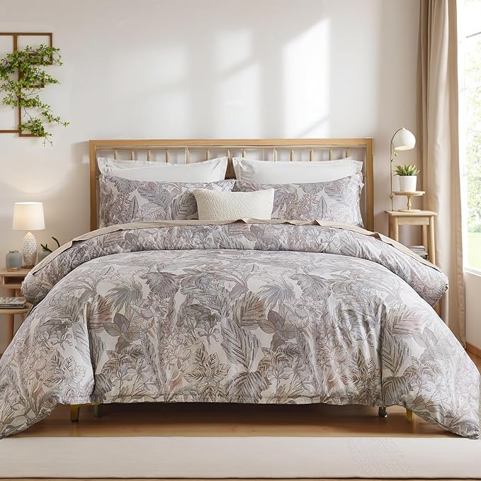 100% Cotton Duvet Cover Queen Size – Elegant Vintage Botanical Bedding Set with Zipper Closure, 3 Pieces Soft Breathable Neutral Floral Print Comforter Cover with 2 Pillowcases