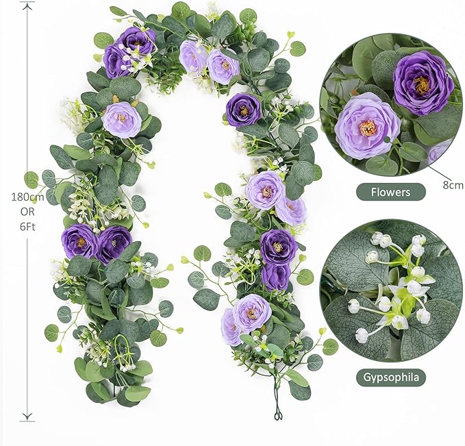 TOCHGREEN 4 Pack Artificial Eucalyptus Flower Garland with Purple Roses, Fake Rose Flower Greenery Garland Floral Vines for Wedding Home Party Table Runner Decor (Purple, 4PCS)