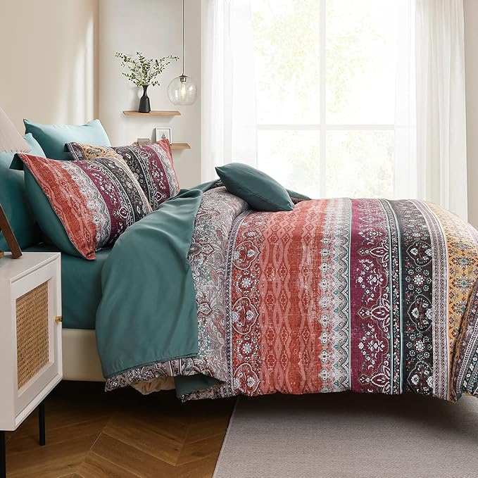 Cottolester Boho Queen Comforter Set 8 Pieces,Orange and Green Bohemian Striped Bed in a Bag,Paisley Soft Microfiber Bedding Comforter Set