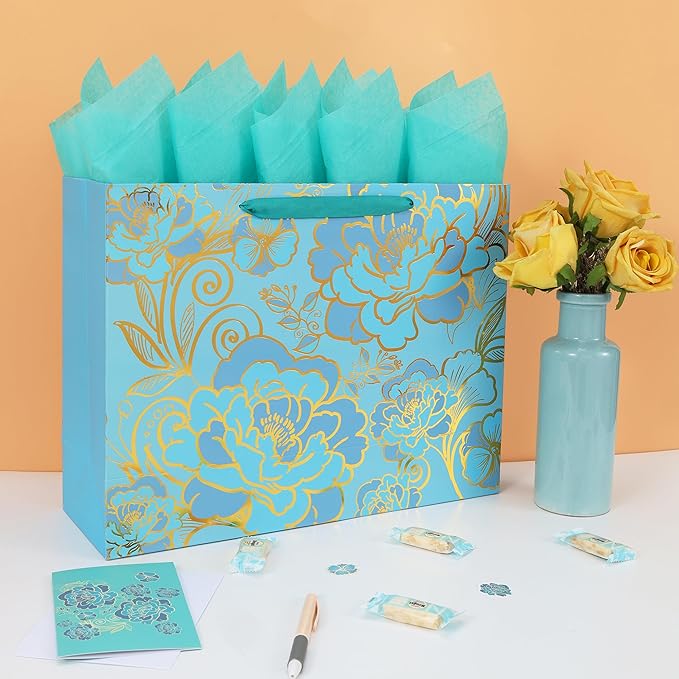16.5” Extra Large Rose Green Gift Bag Set with Handles, Greeting Card, Tissue Papers and Stickers for Women Girls for Birthday, Wedding, Valentine's Day and Mother’s Day, Foil Traced Flowers Design, 1 Pcs