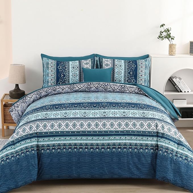 Cottolester Boho Full Size Comforter Set 8 Pieces, Teal Blue Comforter Bohemian Striped Bed in A Bag, Soft Microfiber Bedding Set for All Seasons