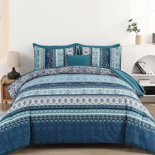 Cottolester Boho Full Size Comforter Set 8 Pieces, Teal Blue Comforter Bohemian Striped Bed in A Bag, Soft Microfiber Bedding Set for All Seasons
