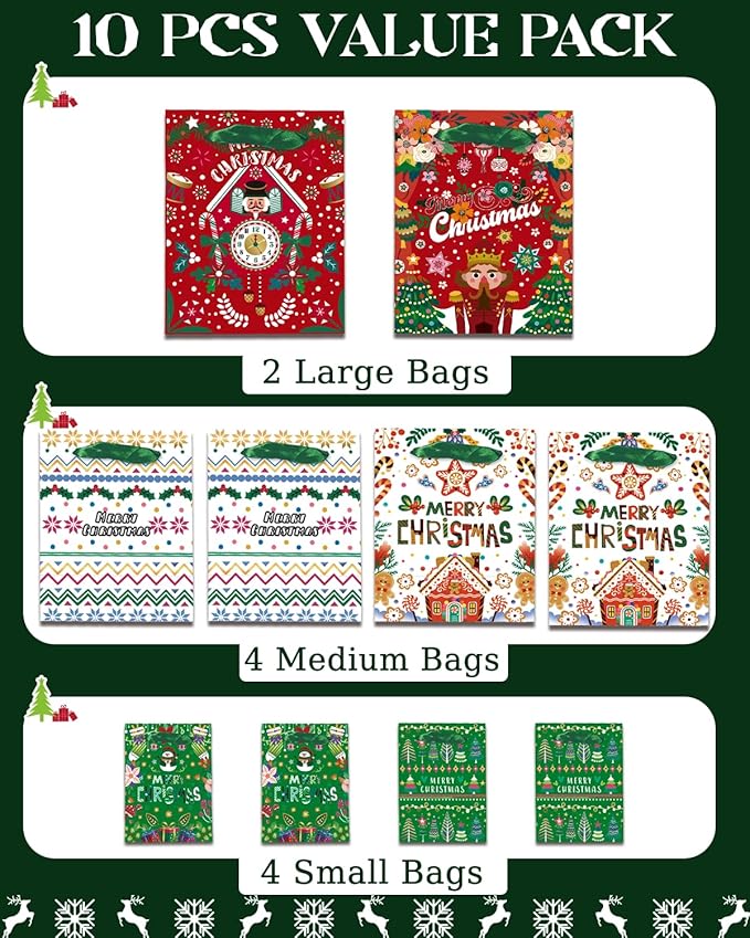 qiqee Christmas Gift Bags Assorted Variety Size Red Green Puppet Design Holiday Tissue Paper Bag Set of 10( 2PCS Large 5.5"x10.2"x13", 4PCS Medium 4.3"x 7.7"x 9.6", 4PCS Small 2.4"x 4.7"x 6.3", 30PCS Tissue Paper)