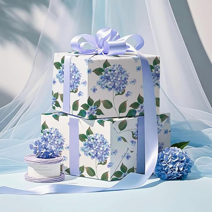 WRAPAHOLIC 30 Inch Kraft Hydrangea Floral Wrapping Paper Roll - 30 Inch x 33 Feet - Hydrangea Flower Wrapping Paper for Wedding, Birthday, Bridal Shower, Tea Party