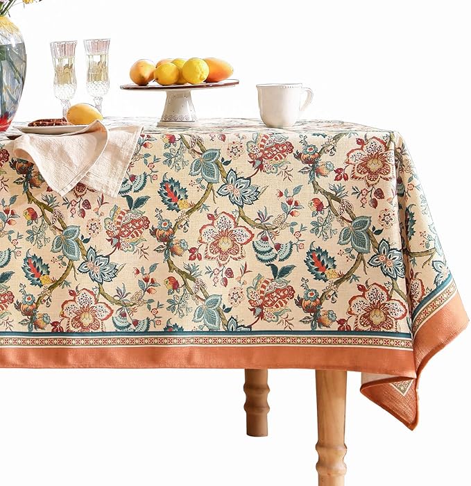 Linen Colorful Floral Rectangle Tablecloth,Vintage Indian Colorfast Block Print Extra Long Table Cloth,Decor Table Cover for Kitchen,Dining,Thanksgiving,Christmas,63"*110"-Mangala