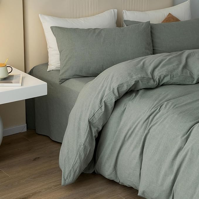 JIYUAN 100% Washed Cotton Duvet Cover Set 3 Pieces Super Queen, 1 Duvet Cover 90x98 Inches(Comforter Not Included) and 2 Pillowcases,Linen Feel Bedding Set Comfy and Breathable, Heathered Green