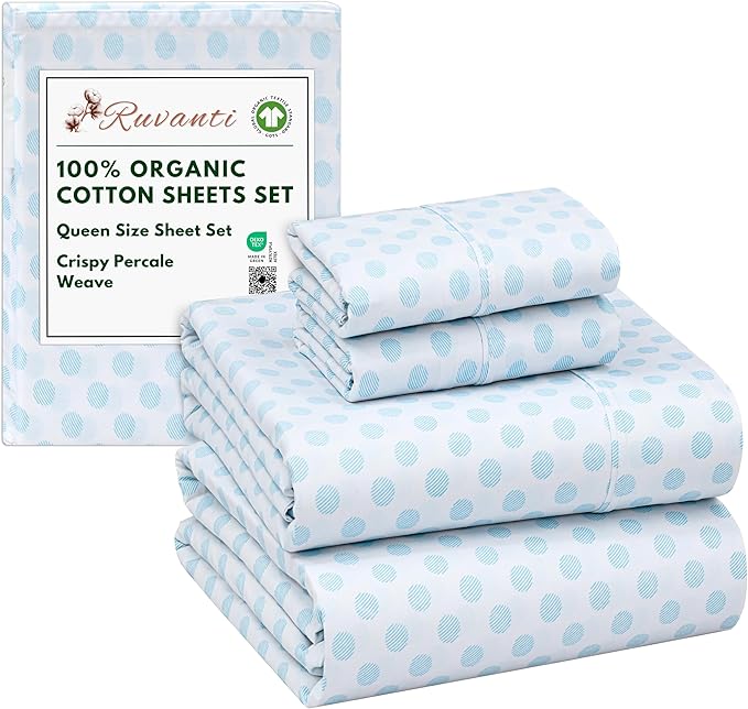 RUVANTI 100% Organic Cotton Sheets Queen Size, Percale Weave, GOTS Certified, 4-Piece Set, Deep Pocket 15", Crisp & Breathable, Soft Durable Bedding, Sábanas Algodón Orgánico – Circle Imprint