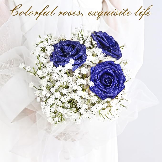 BLEUM CADE 16Pcs Artificial Flowers Fake Roses with Stems, Blue Glitter Boxed Foam Roses for DIY Bouquets Centerpieces Wedding Party Arrangement Bridal Shower Decor