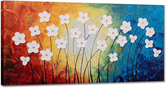 Yihui Arts Hand Painted Textured Flower Oil Painting on Canvas - Colorful Abstract White Floral Artwork for Home Decor, Modern Wall Art for Living Room, Bedroom, Office