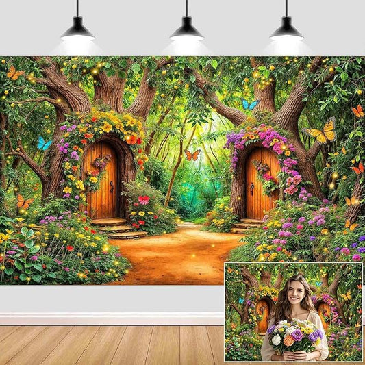 12X10ft Enchanted Forest Backdrop Fairy Tale Green Garden Wonderland Tree House Floral Butterfly Background for Kids Girl Baby Shower Birthday Party Decoration Banner Cake Table Photo Booth Props