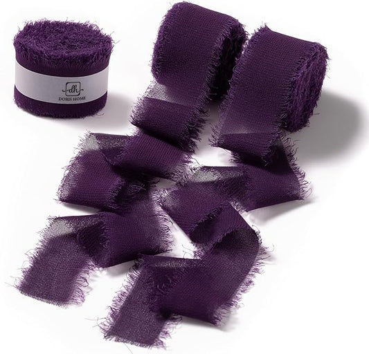 DORIS HOME Plum Chiffon Ribbon for Flower Bouquet, 1" x21Yd Fabric Ribbon for Gift Wrapping, Handmade Frayed Ribbon for Wedding Invitations/Christmas Decorations