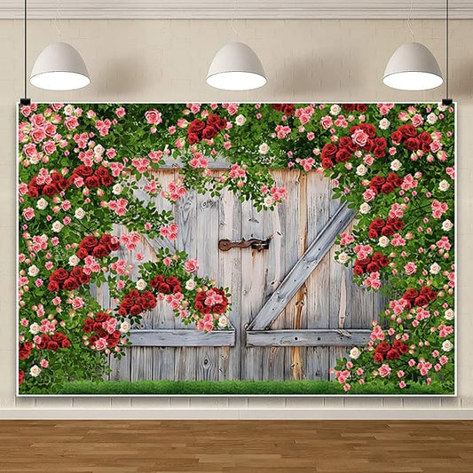 AOFOTO Barn Door Rose Backdrop Rustic Red Pink Beige Flowers Background Romantic Phtography Banner for Anniversary Wedding Decor Photo Studio Photobooth Props 8x6ft