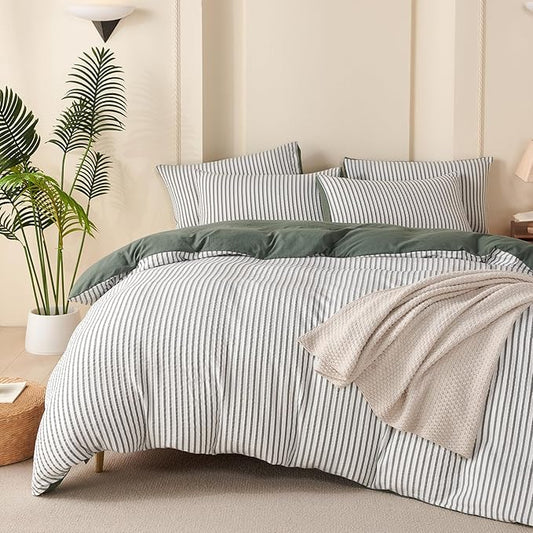 Duvet Cover Set Queen Striped Washed Microfiber Jacquard 3 Pieces Bedding Set, Green White Vertical Ticking Stripes Pattern Comforter Cover with Zipper Closure Breathable Durable Soft Comfy