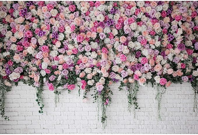 Rose Flowers Backdrop Beautiful Decorative Colorful Roses and Peonies on Brick White Wall Photography Background Interior Wedding Party Decorations Summer Flowers on Wall Building Props 10x6.5ft