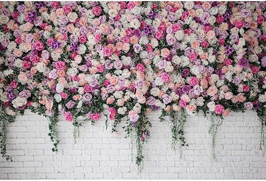 Rose Flowers Backdrop Beautiful Decorative Colorful Roses and Peonies on Brick White Wall Photography Background Interior Wedding Party Decorations Summer Flowers on Wall Building Props 15x10ft