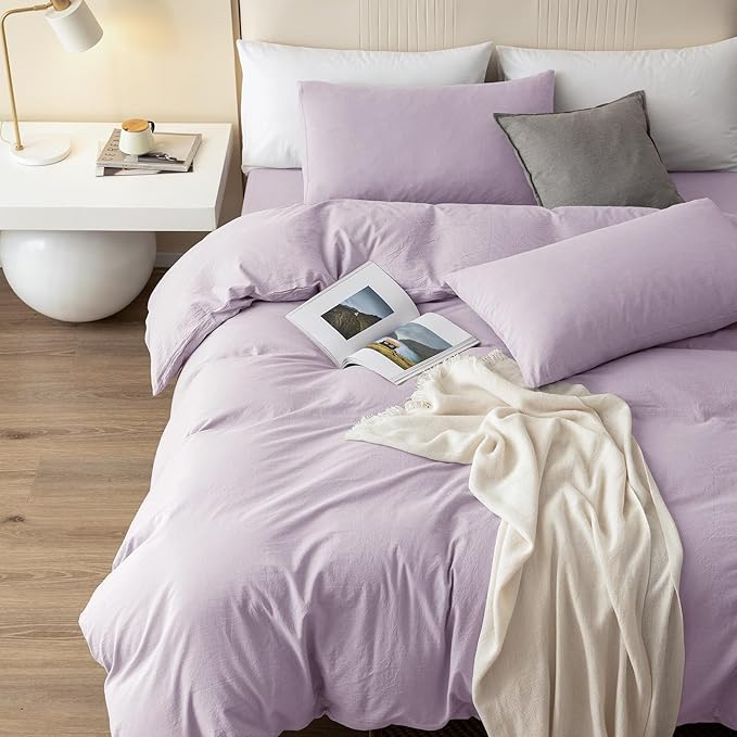JIYUAN 100% Washed Cotton Duvet Cover Set 3 Pieces Oversized King, 1 Duvet Cover 120x98 Inches(Comforter Not Included) and 2 Pillowcases,Linen Like Comfy and Breathable,Heathered Light Purple