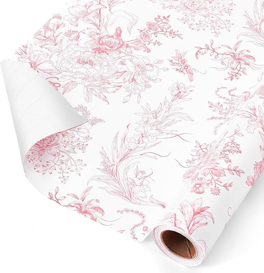 WERNNSAI Pink Flower Gift Wrapping Paper Roll - 1 Roll 17”x 33 ft Pink Vintage Floral Wrapping Paper Bridal Shower Wedding Wrap Supply Baby Shower Wrapping Paper for Girls Birthday