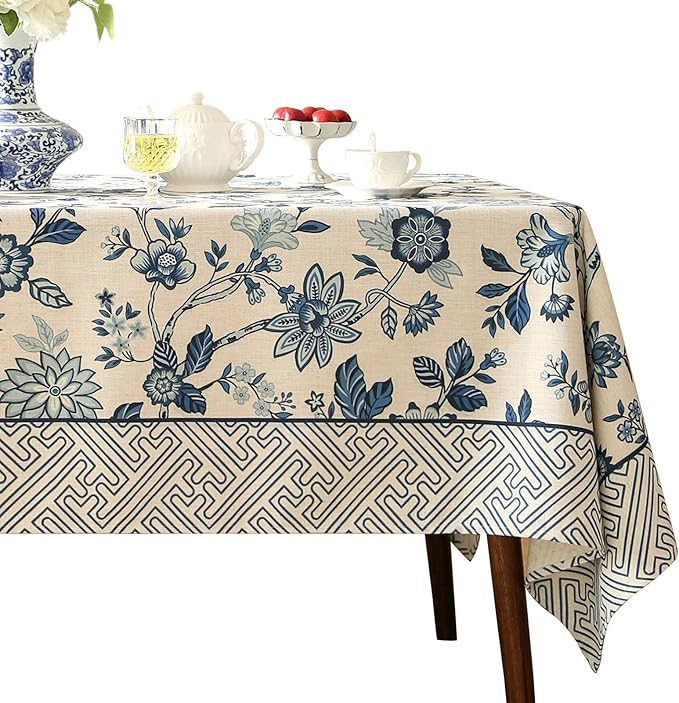 Vintage Blue and White Long Rectangle Tablecloth,French Linen Floral Wrinkle Free Tablecloths,Decorative Table Cover for Kitchen,Dining,Party,Thanksgiving,Christmas,63"*102"-Suqing