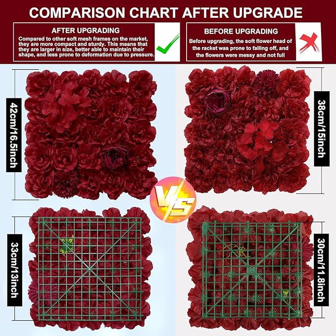 Flower Wall Panel 12 pcs 16.5x16.5 Inch Floral Wall Backdrop Artificial Silk Rose Wall Decor Ideal for Wedding Celebrations, Festive Party Backdrops, and Home Decor-Maroon