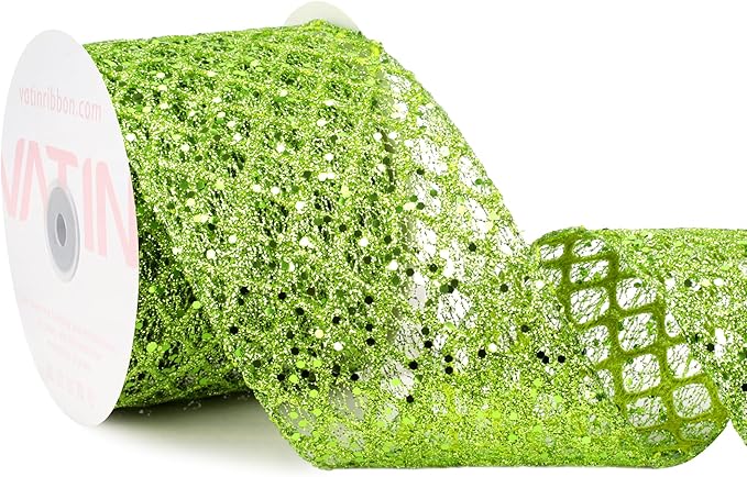 VATIN 4" Apple Green Christmas Ribbon, Green Glitter Mesh Diamond Web Sequin Dots Wired Christmas Ribbon for Gift Wrapping Bow Making Wreath Supply-10 Yards