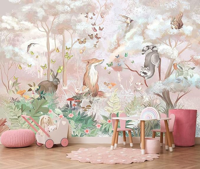 Kids Safari Wallpaper Butterfly Fox Forest Animal Wallpaper Mural with Pink Background for Girl's Room Decoration(Not Self-Adhesive)