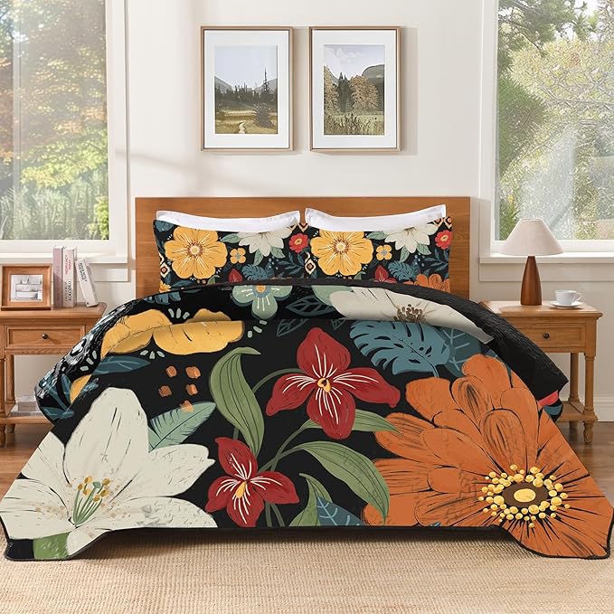 Andency Floral Boho California King Quilt Bedding Set Dark, 3 Pieces Farmhouse Flower Botanical Summer Bedspreads with 2 Shams, Soft Reversible Lightweight Microfiber Coverlet Set, 104"x112"