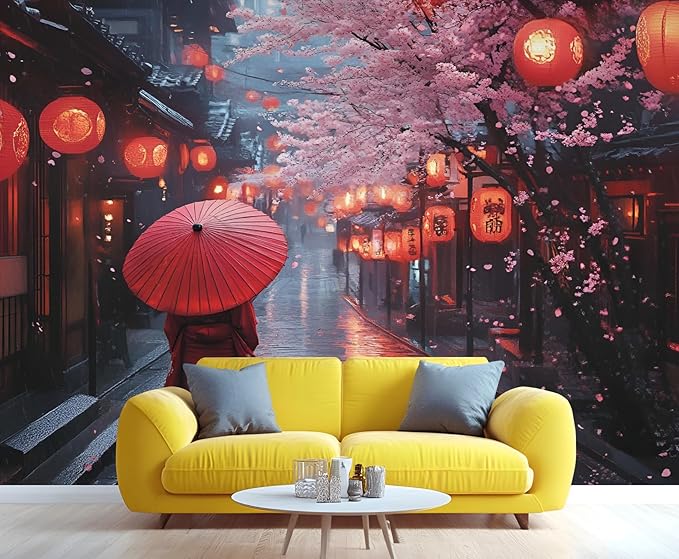 Japanese Street Wall Mural, Cherry Blossom Lantern Scene 3D Wall Murals, Romantic Rainy Evening Japan Wallpaper Mural, for Living Room Bedroom Large Wallpaper Indoor Decor 197" W x124.8 H