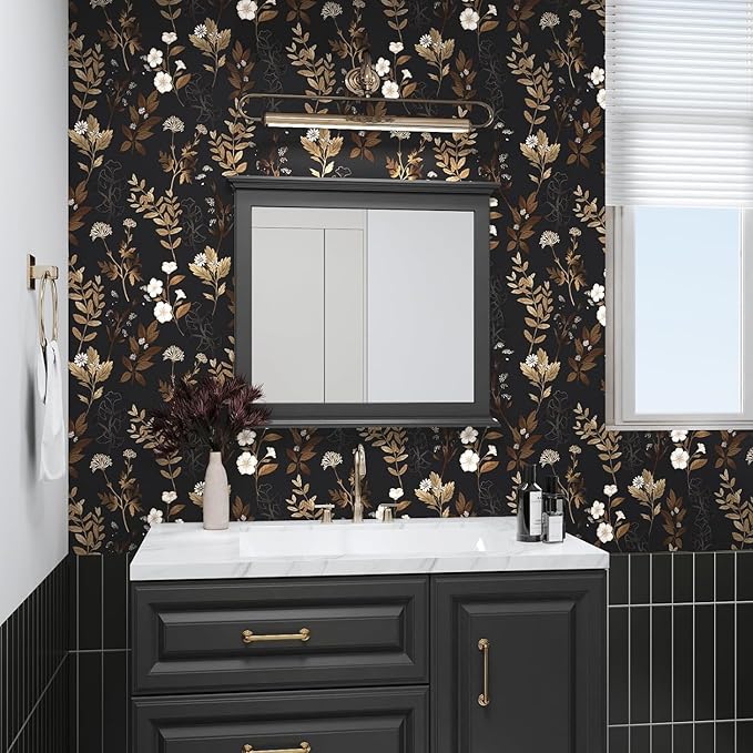 Black Floral Wallpaper Peel and Stick Gold Leaf Contact Paper Leaf Wallpaper Waterproof Self-Adhesive Wall Covering for Bedroom Countertop Desk Cabinets Decor 17.4" x 78"