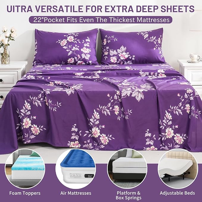 Bedlifes Queen Size Extra Deep Pocket Sheet Sets - Fits Mattresses Up to 18-24" Thick, 4-Piece Microfiber Set with 1800 Thread Count, Soft, Smooth, Breathable, Featuring Dark Purple Floral