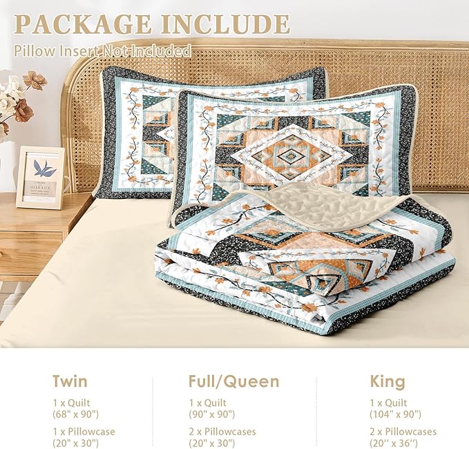 Quilt Set Twin Size, Farmhouse Floral 2 Pcs Soft Bed Cover Bedding Set, Boho Rustic Geometric Lightweight Bedspread Coverlet with Pillow Sham for All Season