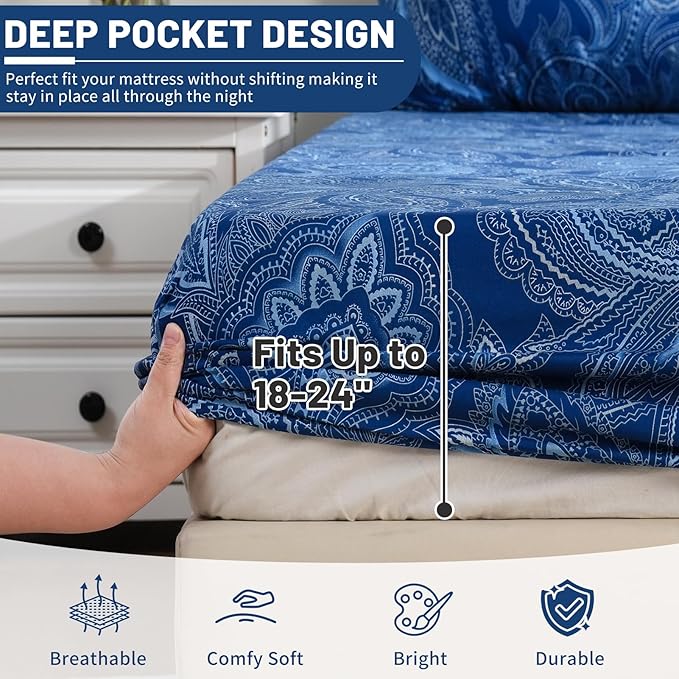 Bedlifes Queen Size Extra Deep Pocket Sheet Sets - Fits Mattresses Up to 18-24" Thick, 4-Piece Microfiber Set with 1800 Thread Count, Soft, Smooth, Breathable, Featuring Paisley Dark Navy Blue