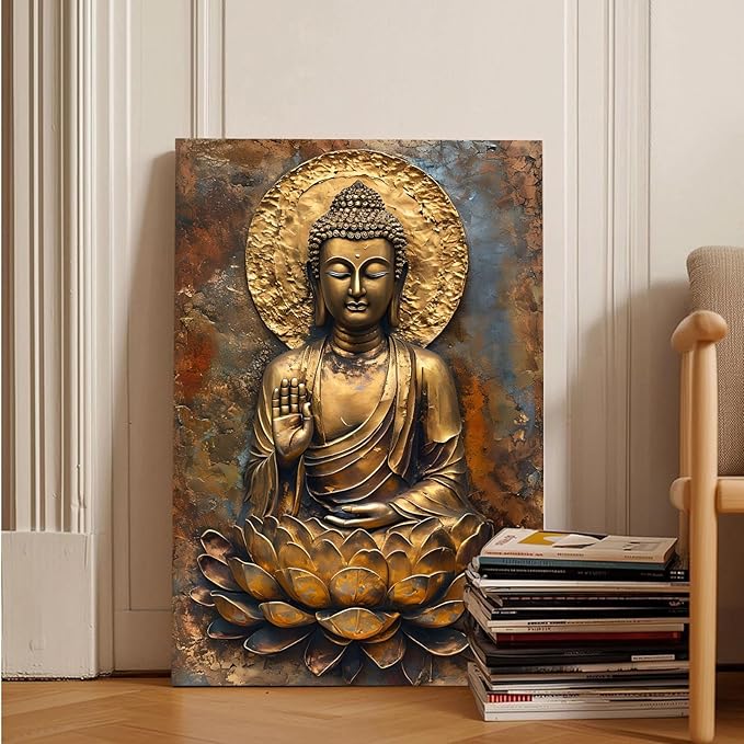 Buddha Wall Art Golden Buddha in Lotus Seat Serene spiritual statue radiant aura Meditation and mindfulness wall art suitable for sacred spaces 12x18in Wood Framed