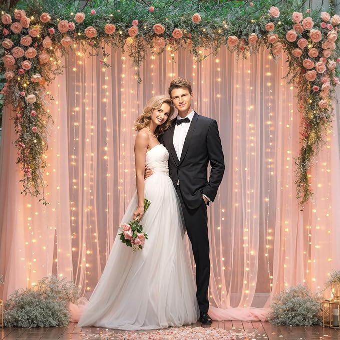 30x8ft Peach Tulle Backdrop Curtain with Lights String for Parites, Sheer Backdrop Curtains for Wedding Baby Shower Birthday Party Photo Shoot Decorations