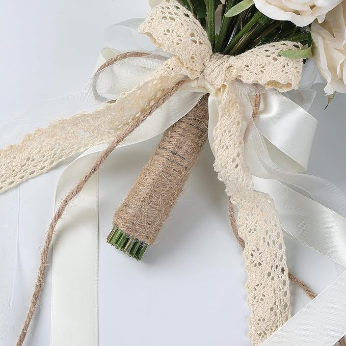 Wedding Bouquets for Bride Bridesmaid,White Champagne Artificial Roses Flowers for Wedding Church Decoration (7.5in)